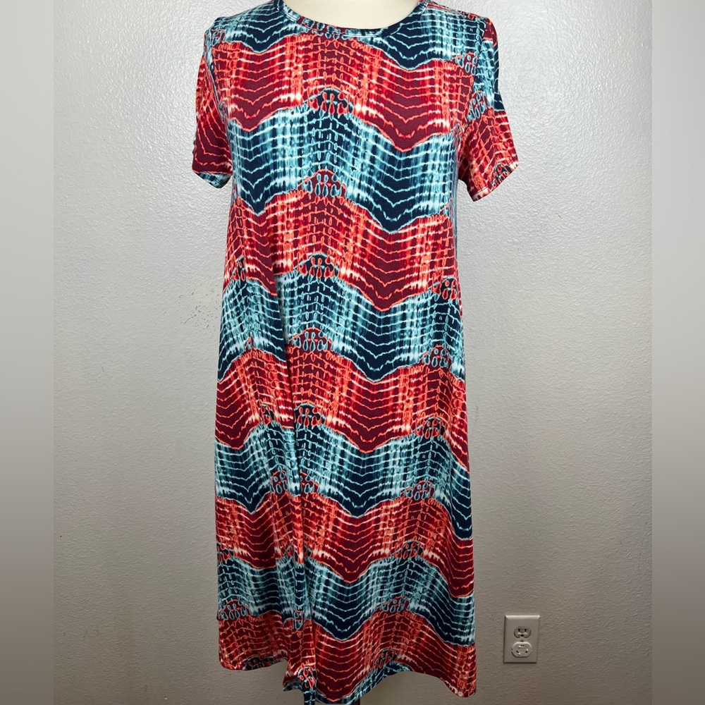 LuLaRoe Carly Red‎ Teal/Blue Tie Dye Chevron Stripes Hi-Lo Hem Dress Sz M